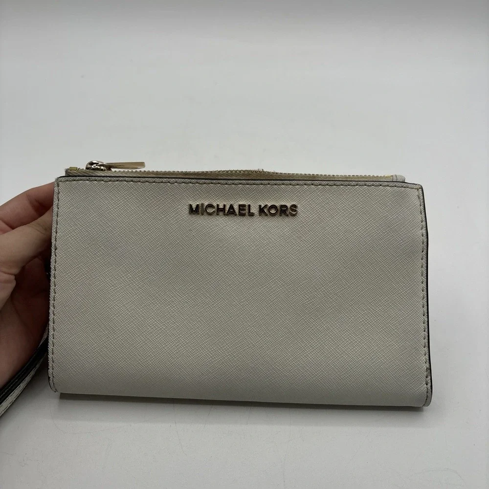 Michael Kors‎ Jet Set Travel Double Zip Saffiano Leather Wristlet Wallet White